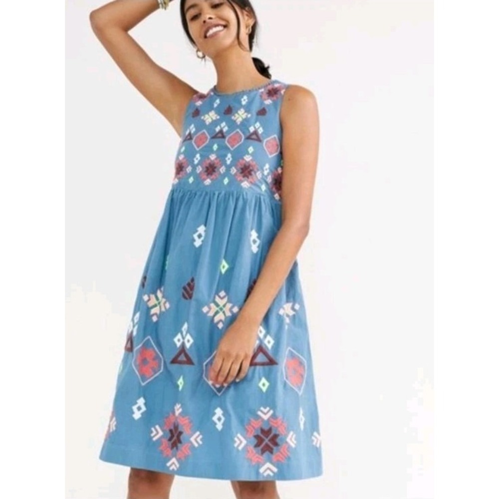Anthropologie Bohemian Embroidered Dress Geometric Southwestern Blue Large L